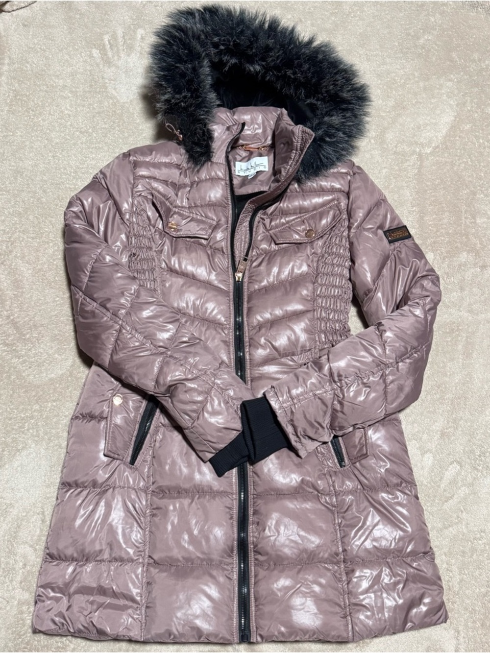Nicole Miller Shiny Mauve Quilted Puffer Coat with Faux Fur Hood